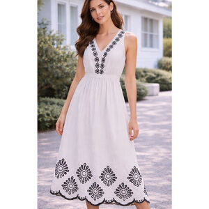 White Embroidered Sleeveless Midi Dress XS Boho Cotton resort sundress